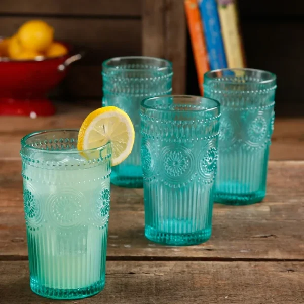 KitchenAxis 16-Ounce Embossed Glass Tumblers –  Vintage-Inspired Teal Drinking Glasses - Image 3