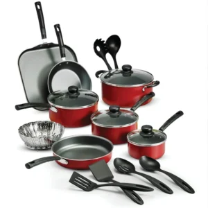KitchenAxis 18-Piece Non-Stick Cookware Set – Premium Aluminum Cooking Set with Lids, Utensils & Red Finish