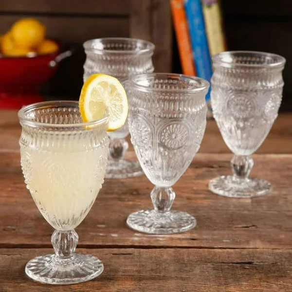 KitchenAxis 12-Ounce Vintage Footed Glass Goblets – Set of 4 Clear Embossed Drinkware - Image 3