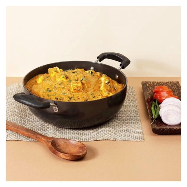 KitchenAxis 20cm Hard Anodized Deep Kadai with Glass Lid – Non-Reactive Wok for Frying & Curry - Image 4