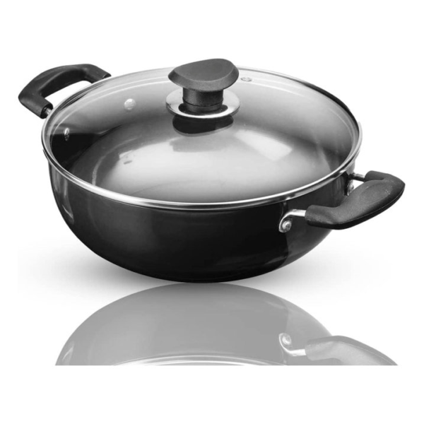 KitchenAxis 20cm Hard Anodized Deep Kadai with Glass Lid – Non-Reactive Wok for Frying & Curry - Image 3