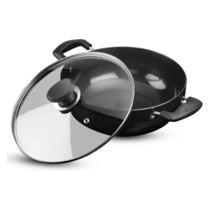 KitchenAxis 20cm Hard Anodized Deep Kadai with Glass Lid – Non-Reactive Wok for Frying & Curry