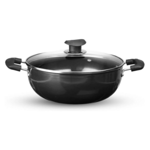 KitchenAxis 20cm Hard Anodized Deep Kadai with Glass Lid – Non-Reactive Wok for Frying & Curry
